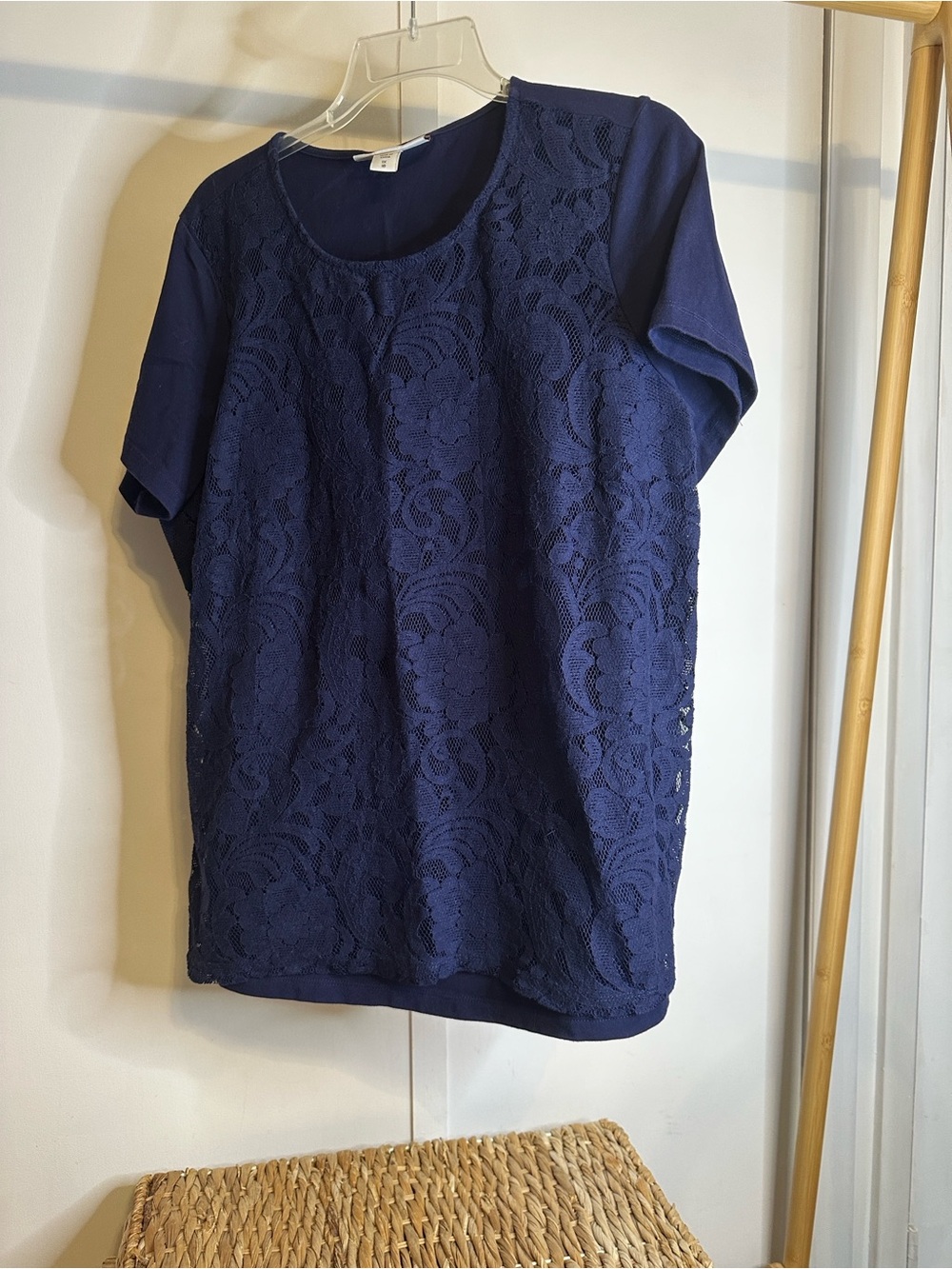 Coldwater Creek Navy Lace Front Short Sleeve Top